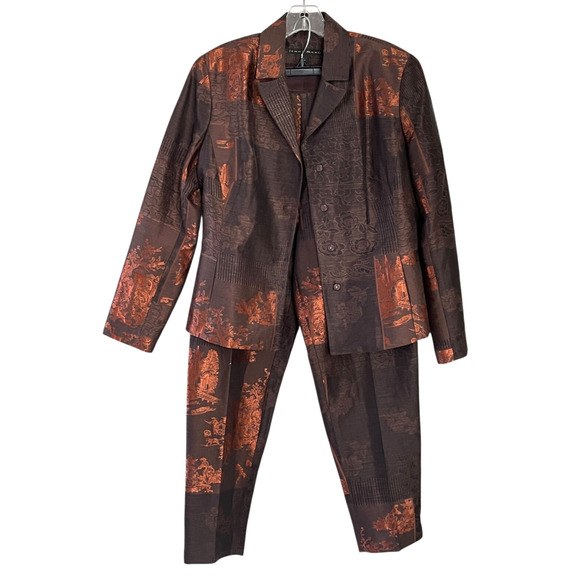 JENNE MAAG Women's Size Large Brown Copper Linen Silk Snap Front Lined Pant Suit - Picture 5 of 10
